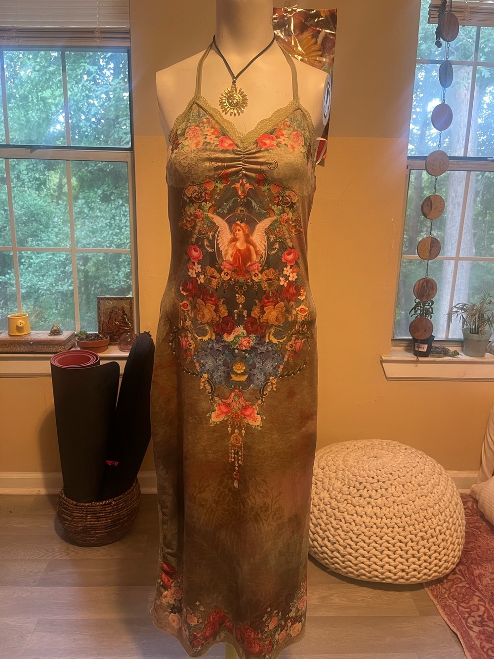 Romantic Olive Green Floral Angel Maxi Dress